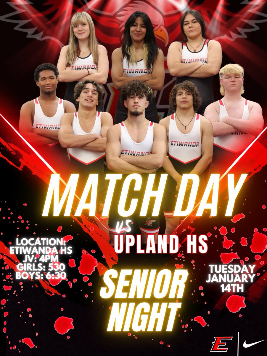 TheE_Wrestling's tweet photo. Please help us Celebrate our Seniors tomorrow vs  Upland High School. 

JV Boys start at 4pm 
Followed by our Senior Night Presentation
Followed by the Varsity girls Dual
Followed by the Varsity Boys Dual. 
#ReppinTheE https://t.co/F0OW7MKKK6