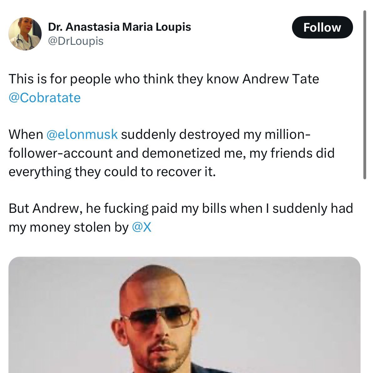 🚩 Dr. Anastasia Maria Loupis, a massive propaganda puppet for the Tate brothers, had her bills paid by Andrew Tate. 

An obvious reward for her unwavering obedience and assistance in spreading coordinated misinformation about his case.