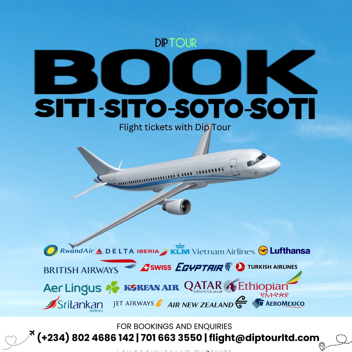 diptourltd's tweet photo. Our flight team is here to assist you in booking your next flight effortlessly. Enjoy personalized service with Dip Tour. Contact us to begin your bookings:
☎️ +234 701 6633 550
☎️ +234 802 4686 142
📧 flight@diptourltd.com
#flightdeal #cheapflightticket https://t.co/iYGSvkmJD4