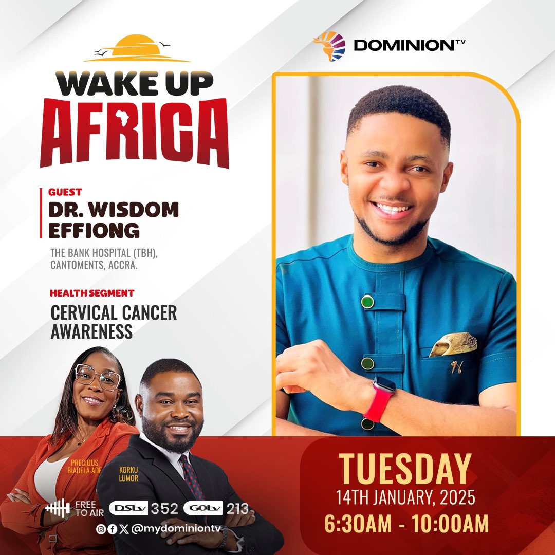 MyDominionTV's tweet photo. What do you know about Cervical Cancer?

Dr. Wisdom Effiong from the Bank Hospital will be back in our studio to discuss Cervical Cancer Awareness.

Don’t miss this insightful discussion 📌

Watch WAKE UP AFRICA now & every weekday at 6:30am on Dominion TV (available on Free-To-Air, DStv CH 352 & GOtv CH 213).

#WakeUpAfrica #DominionTV #Ghana #health #africa #cervicalcancer #cervicalcancerawareness