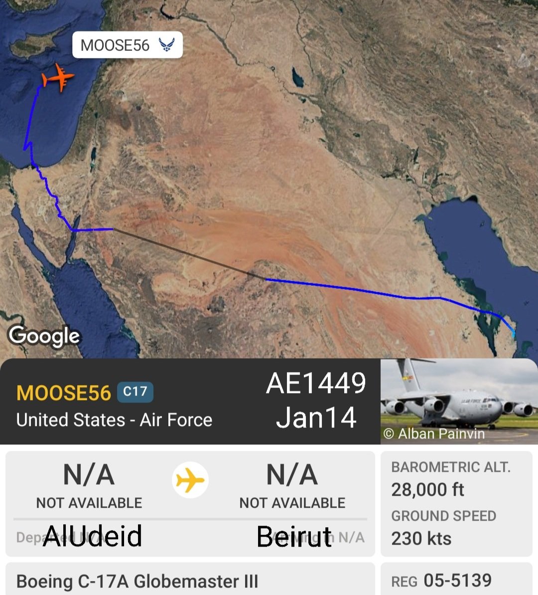 LebanonJets's tweet photo. Video(+ATC recording) Military: #UnitedStates AirForce #USAF #C17 05-5139 #AE1449 as #MOOSE56 arrived into #Beirut #Lebanon this clear morning from #AlUdeid AirBase in #Qatar https://t.co/MtWVmQwm7v