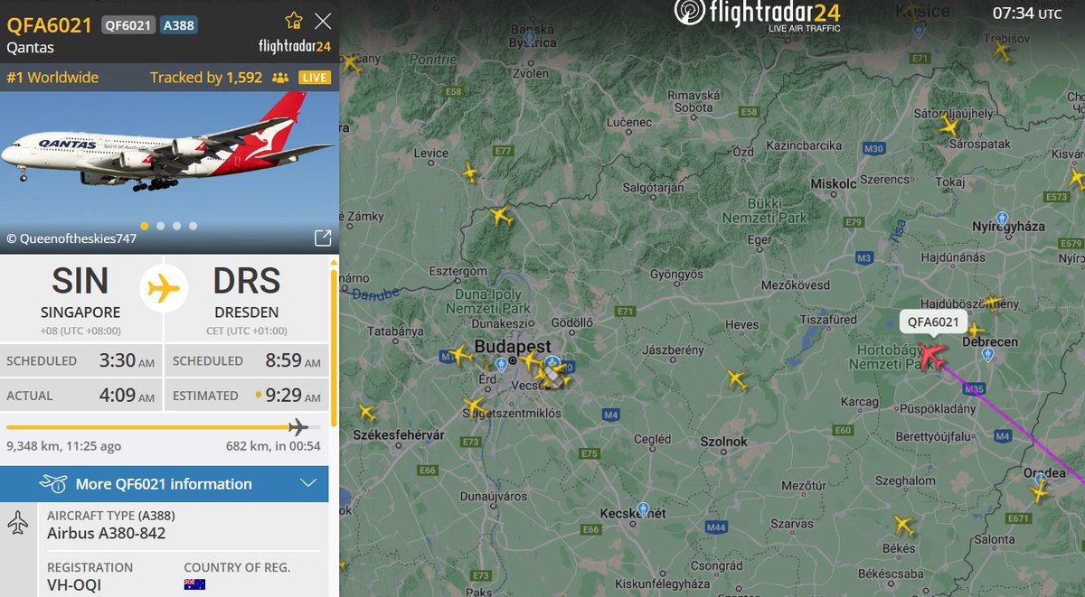 AussieAircraft's tweet photo. Qantas A380 VH-OQI is positioning to Dresden for presumably heavy maintenance. Possibly also a livery repaint?

Usually QF does their A380 maintenance at Abu Dhabi.

@AA380fanclub https://t.co/5DcADEMvAD
