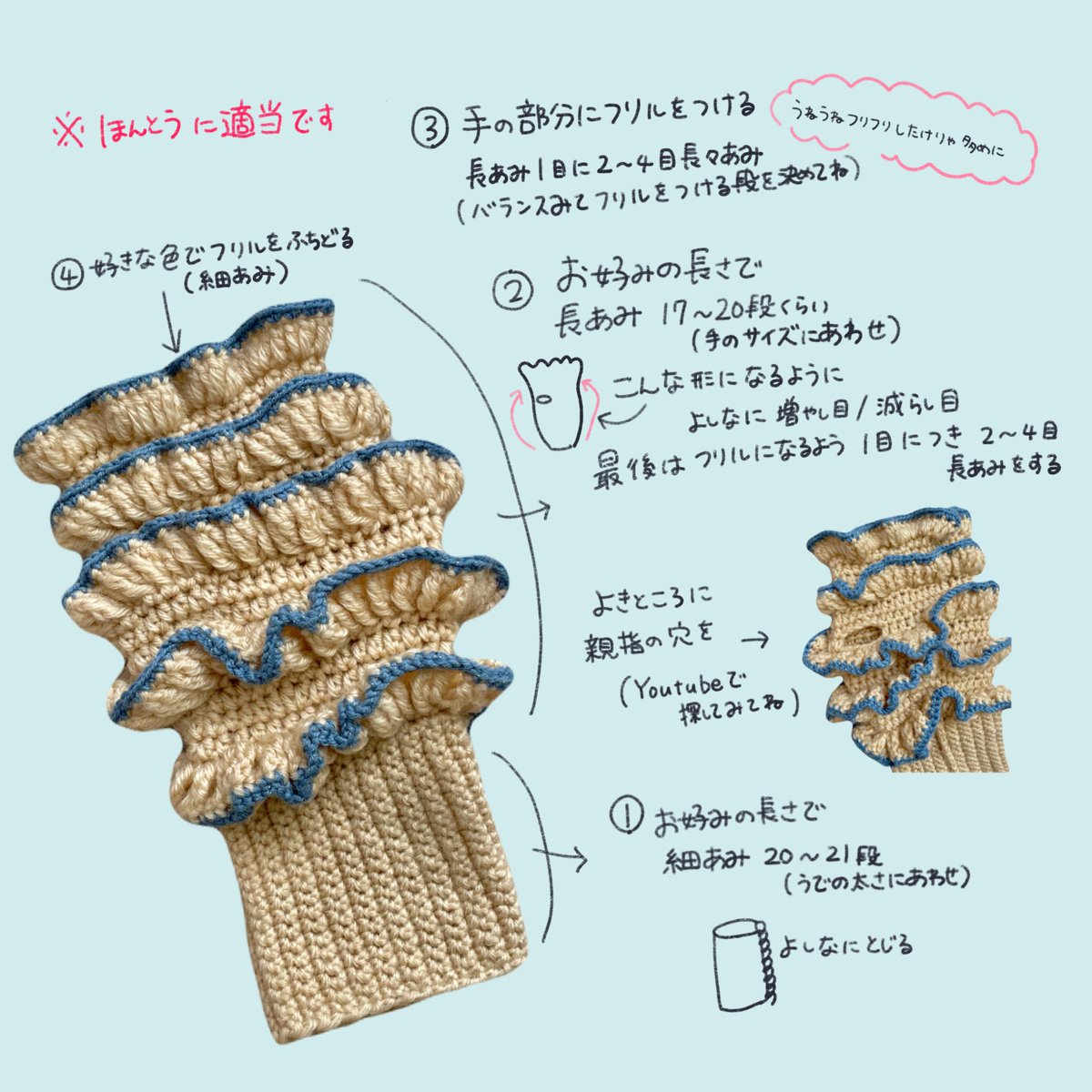 di_72mm's tweet photo. とてもありがたいことにアームカバーの作り方を聞いてくれる人が何名かいたので書いてみたのですが、自分でもびっくりするほど適当でした。
それもそのはず、酔って片方なくしたのでもう一回編んだところ、左右でサイズが変わってしまったので適当なんです。本当に🙇‍♀️ https://t.co/qbbIpiDUWb