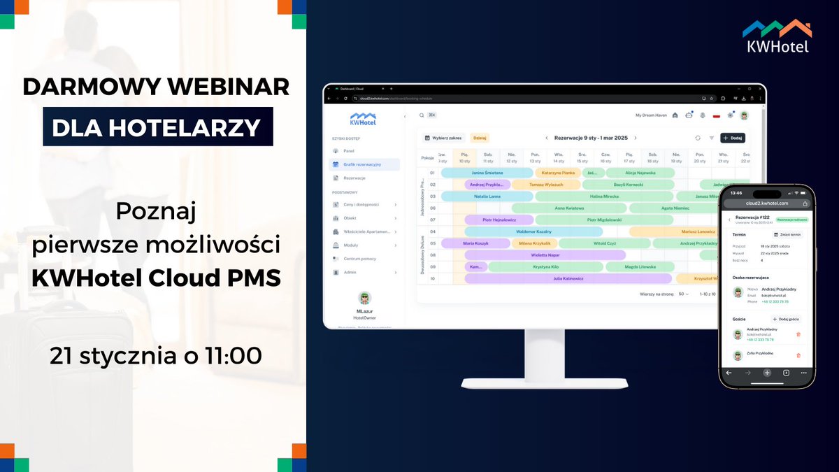 KWHotelPL's tweet photo. 🔵 Poznaj pierwsze możliwości KWHotel Cloud PMS. ✅ Darmowy webinar już 21 stycznia 2025 o 11:00! Prowadzi Kajetan Woyciechowski - twórca KWHotel.

Wszystkie szczegóły znajdziesz tutaj 
▶️▶️▶️https://t.co/dCgr9YtIoq https://t.co/whLmAYWmoN