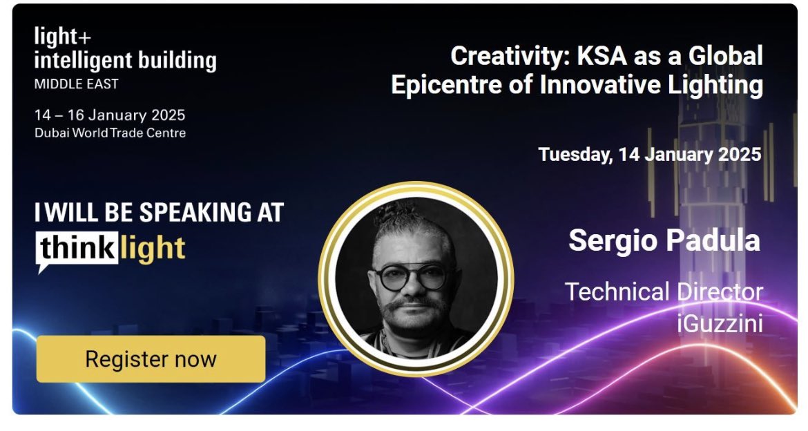 Live now! Come and attend an inspiring talk delivered by our technical director <a href="/ilpadula/">Sergio Padula</a> at Thinklight stage at Light Middle East 💡