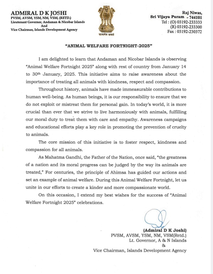 MediaRN_ANI's tweet photo. #IslandsDevelopmentAgency

@Admiral_DKJoshi extends best wishes for the success of #AnimalWelfare Fortnight 2025 being observed in #NewAndamans by @Andaman_Admin from 14th -30th January, 2025 https://t.co/Ru33DbGl3p
