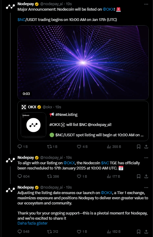 Nodepay Listeleme tarihini 14 ocaktan 17 ocağa ertelediğini açıkladı ve $OKX borsasında listeneleneceğini duyurdu 🥁