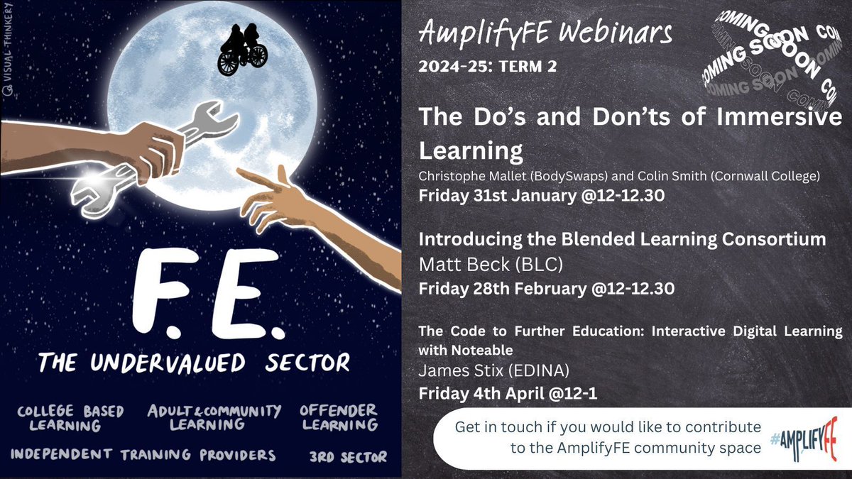🖥 NEW #AmplifyFE Webinars 🖥 

Free to attend, all welcome!
✅  Do's &amp; Don'ts of Immersive Learning 31 /1
✅  Introducing the Blended Learning Consortium 28/2 
✅ The Code to Further Education: Interactive Digital Learning with Notable 04 /4
 
Book: buff.ly/45oBoaE 
#FE