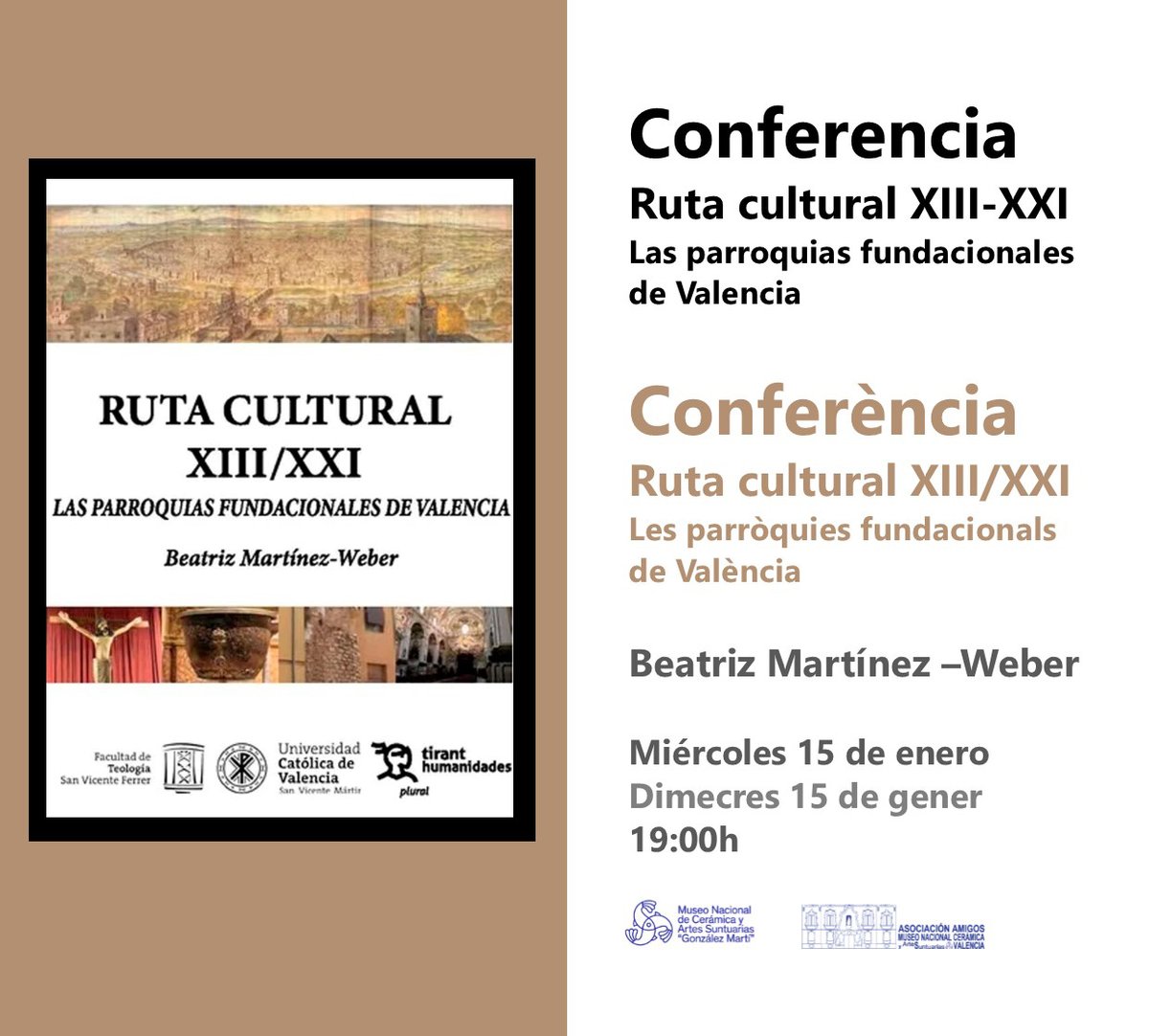 Mañana a las 19 h. en la planta baja tendrá lugar la conferencia de Beatriz Martínez-Weber sobre "Las parroquias fundacionales de Valencia".
Demà a les 19 h. a la planta baixa tindrà lloc la conferència de Beatriz Martinez-Weber sobre "Les parròquies fundacionals de València"