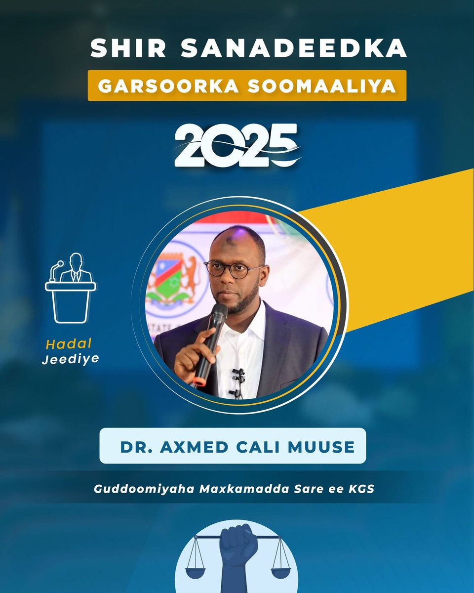 AJConference's tweet photo. The Chief justice of Southwest Supreme Court, 𝐃𝐫. 𝐀h𝐦𝐞𝐝 A𝐥𝐢 𝐌𝐮𝐬𝐞, will deliver a speech at the Somali Annual Judicial Conference 2025.

#AnnualJudicialConference2025 
#2025 Annual Conference of Judges #ModernizingJudgment https://t.co/L59x3a3eyF