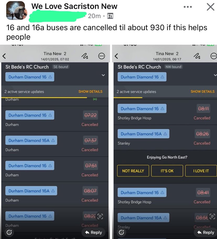 .<a href="/gonortheast/">Go North East</a> I’m receiving contact from families angry that their children are unable to get to school in Durham on time - again. What’s happening with these services this morning? I’m also worried for working people, those with med appts etc. I’ll email Chief Exec too.