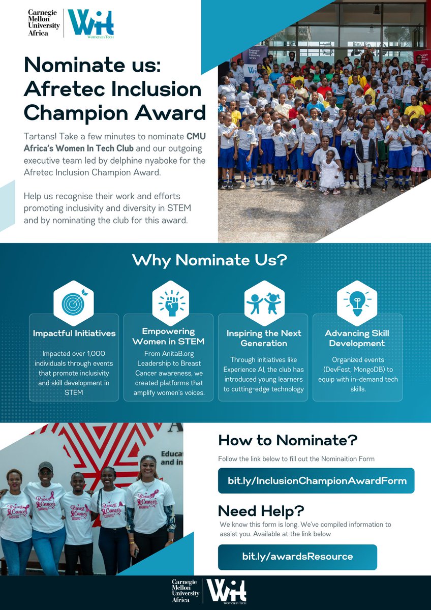 Join us as we recognise the work of our outgoing executive by nominating the <a href="/cmu_africa/">Carnegie Mellon University Africa</a>  Women In Tech Club for the Afretec Inclusion Champion Award.
Nomination form bit.ly/InclusionChamp….
Help resources bit.ly/awardsResource
#TartanProud