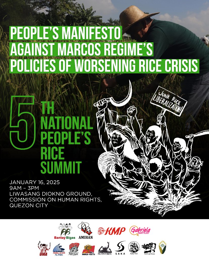 📣 Dumalo at magpadalo 🌾🌾🌾

5th National People’s Rice Summit
People’s Manifesto against Marcos regime’s Policies of Worsening Rice Crisis

January 16, 2025
9am – 3pm