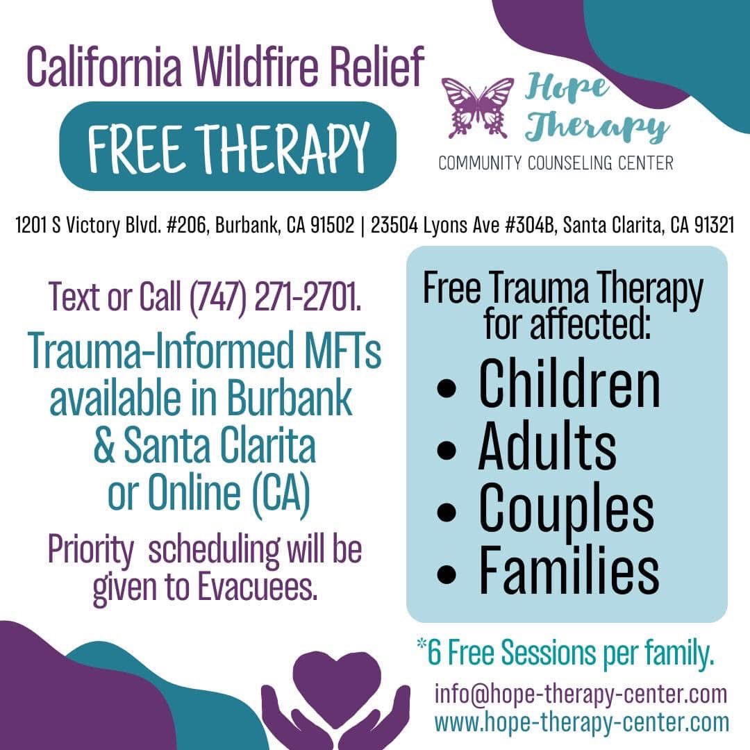 RESOURCE: Free therapy for those affected by the #LosAngelesfires #LAWildfires