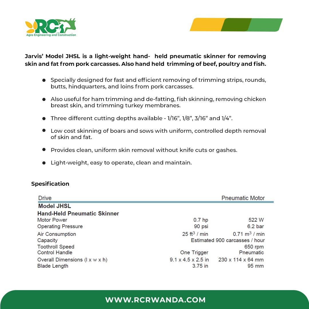 Rcrwanda's tweet image. Hand Held Pneumatic Skinner
(Sheep/Pork Processing)

📞 +250 794 03 4060
✉️ info@rcrwanda.com 
🌐 rcrwanda.com
📍 Kigali SEZ

Beef, Pork, Sheep, Poultry, Fish, Meat, Packaging, Sausage Line, and  Butcher Supplies

 #slaughterhouse #modernslaughterhouse #moderntools