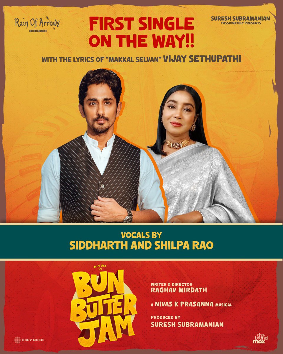 Bhavya Trikha (@bt_bhavya) on Twitter photo Get ready to explore a vibe song🎶
#BunButterJam first single in the vocals of #Siddharth & <a href="/shilparao11/">Shilpa Rao</a> 🎙️ is on the way !!
Lyrics by our Makkal Selvan <a href="/VijaySethuOffl/">VijaySethupathi</a> ✍️
A <a href="/nivaskprasanna/">Nivas K Prasanna</a> Musical
Written & Directed by <a href="/RMirdath/">Raghav Mirdath</a>
Produced by <a href="/RainofarrowsENT/">Rain Of Arrows Entertainment</a> <a href="/sureshs1202/">Suresh Subramanian</a>
#BBJ Get ready to explore a vibe song🎶
#BunButterJam first single in the vocals of #Siddharth & <a href="/shilparao11/">Shilpa Rao</a> 🎙️ is on the way !!
Lyrics by our Makkal Selvan <a href="/VijaySethuOffl/">VijaySethupathi</a> ✍️
A <a href="/nivaskprasanna/">Nivas K Prasanna</a> Musical
Written & Directed by <a href="/RMirdath/">Raghav Mirdath</a>
Produced by <a href="/RainofarrowsENT/">Rain Of Arrows Entertainment</a> <a href="/sureshs1202/">Suresh Subramanian</a>
#BBJ