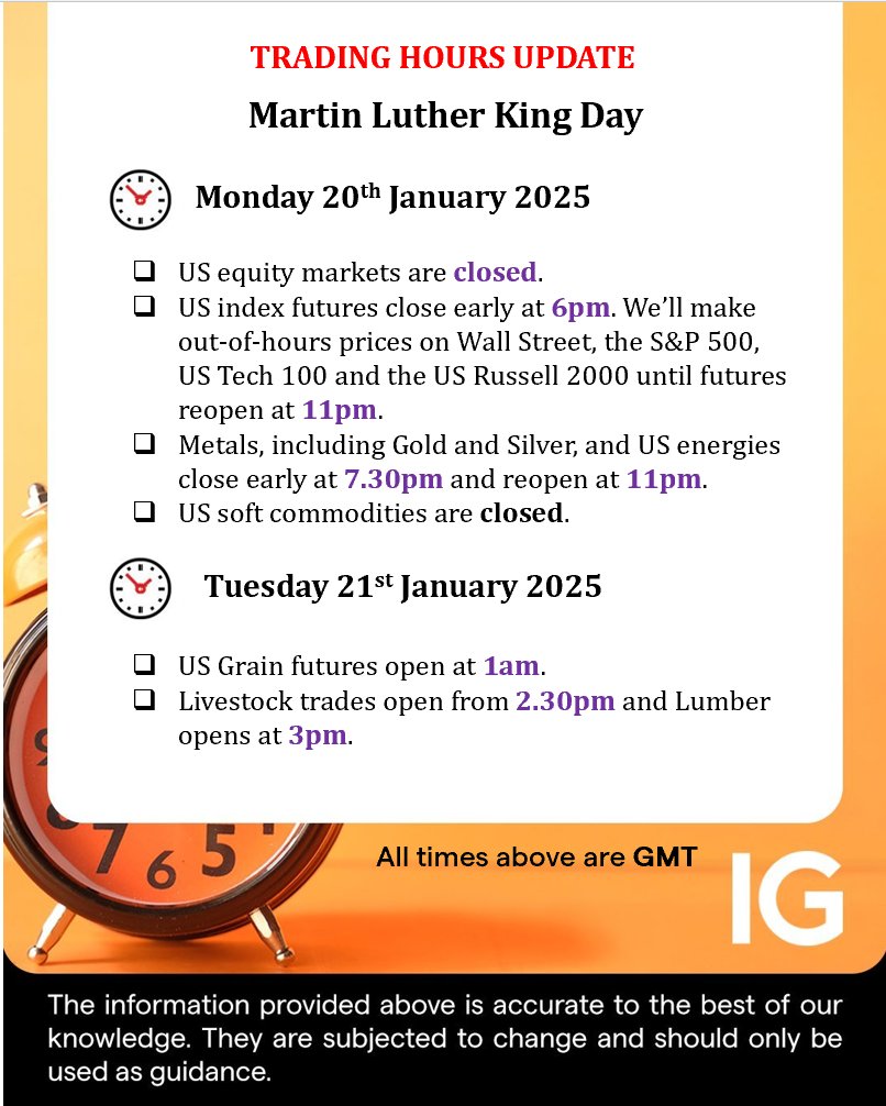 IGClientHelp's tweet image. There will be a few changes to our opening/closing hours over the upcoming Martin Luther King Day. You can have a look at our IG community blog for a full list of affected markets: bit.ly/4anSKqv @IGcom