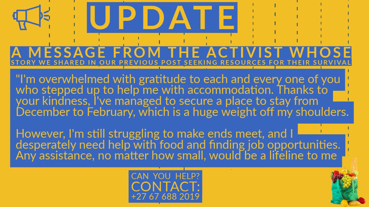 Xiraine's tweet photo. 🚨 UPDATE ON PREVIOUS CALL FOR SUPPORT 🌽🍞📂💻

The activist whose story we shared in our previous post seeking resources for their survival is still in urgent need of food donations and/or job opportunities. 
 
📞 Can you help? 
Call/text +27 67 688 2019

PLEASE SHARE https://t.co/iX3GekCcj6