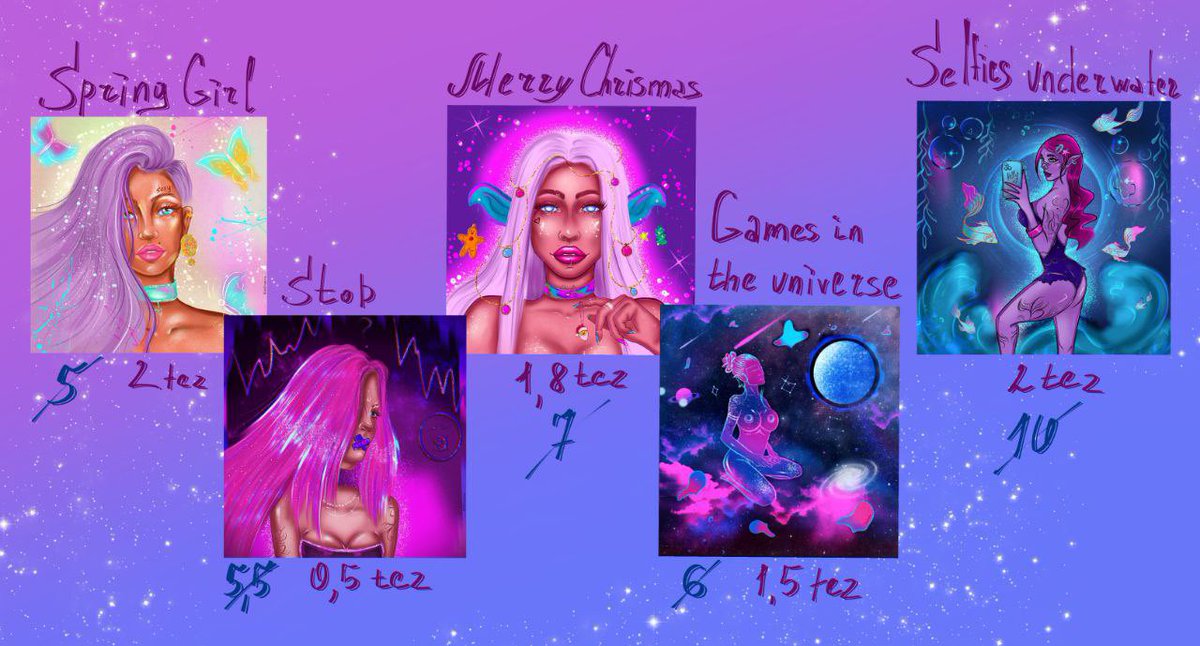 #TezosTuesday 💜

Old work sale 🔥🔥✨ 
Only a week 

Selfies underwater
2 Tez 

Games in the universe
1.5 Tez 

Stop.
0.5 tez 

Merry Christmas
1.8 Tez 

Spring Girl
2 Tez

Link 🔗 

#TezosNFTs #kristiart #tezostuesday #MadeCommunity1 #GlitchGang