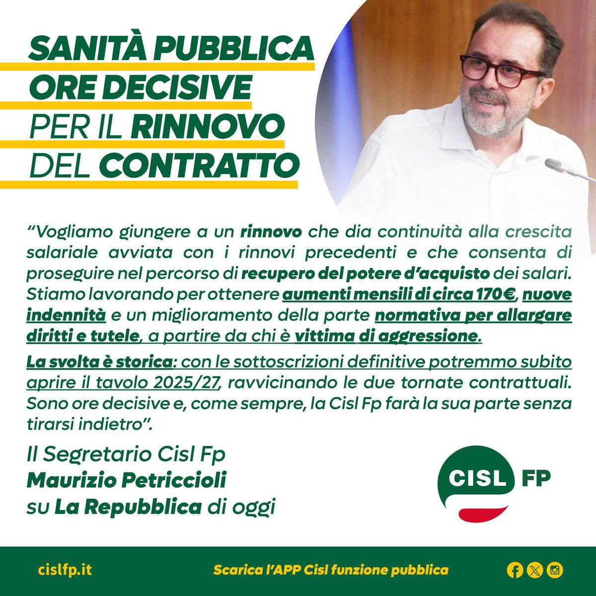cislfp's tweet photo. 𝗖𝗰𝗻𝗹 𝗦𝗮𝗻𝗶𝘁𝗮’ 𝗣𝘂𝗯𝗯𝗹𝗶𝗰𝗮 👩‍⚕️👨‍⚕️

Ore decisive per il rinnovo del #CCNL delle lavoratrici, dei lavoratori e dei professionisti sanitari del nostro Paese.

📰 Leggi le dichiarazioni su @LaRepubblica_it del Segretario @cislfp , @PetriccioliM 🔗 https://t.co/7G5PLKLpWr https://t.co/yDQPuJm3TU