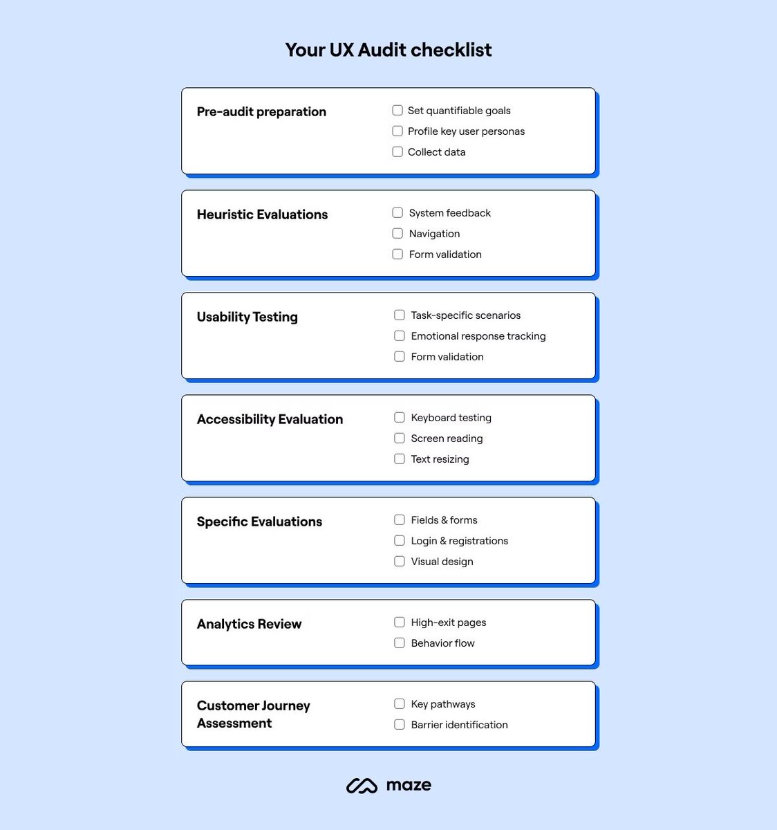 uxlinks's tweet photo. Useful Tips on How to Run a UX Audit - to Boost your Design Project! 🔥

Regular UX audits make your products more accessible, intuitive, and easy to use. Learning how to run one is a win-win for you and your users.

FREE UX Audit Checklist Template! 🙌

Summary of Your UX Audit checklist

Pre-audit preparation
- Set quantifiable goals
- Profile key user personas
- Collect data

Heuristic Evaluations
- System feedback
- Navigation
-Form validation

Usability Testing
- Task-specific scenarios
- Emotional response tracking
- Form validation

Accessibility Evaluation
- Keyboard testing
- Screen reading
- Text resizing

Specific Evaluations
- Fields & forms
- Login & registrations
- Visual design

Analytics Review
- High-exit pages
- Behavior flow

Customer Journey Assessment
- Key pathways
- Barrier identification

#ux #ui #uxdesign #uidesign #userexperience #productdesign #designprocess #uxstrategy #uxresearch #usertesting #usabilitytesting #research #design #agile #mvp #business