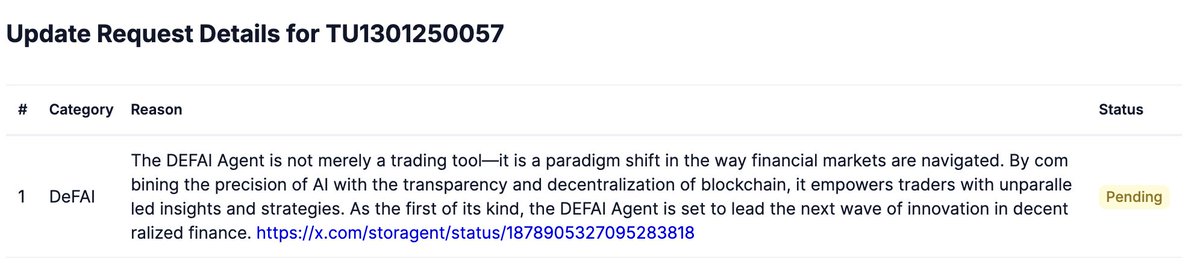 We have submitted all the details required for listing under the #DeFAI category. We kindly request a swift review. The journey is long, but swift action is essential. 
<a href="/coingecko/">CoinGecko</a> 
defai.storagent.ai
Req: TU1301250057
