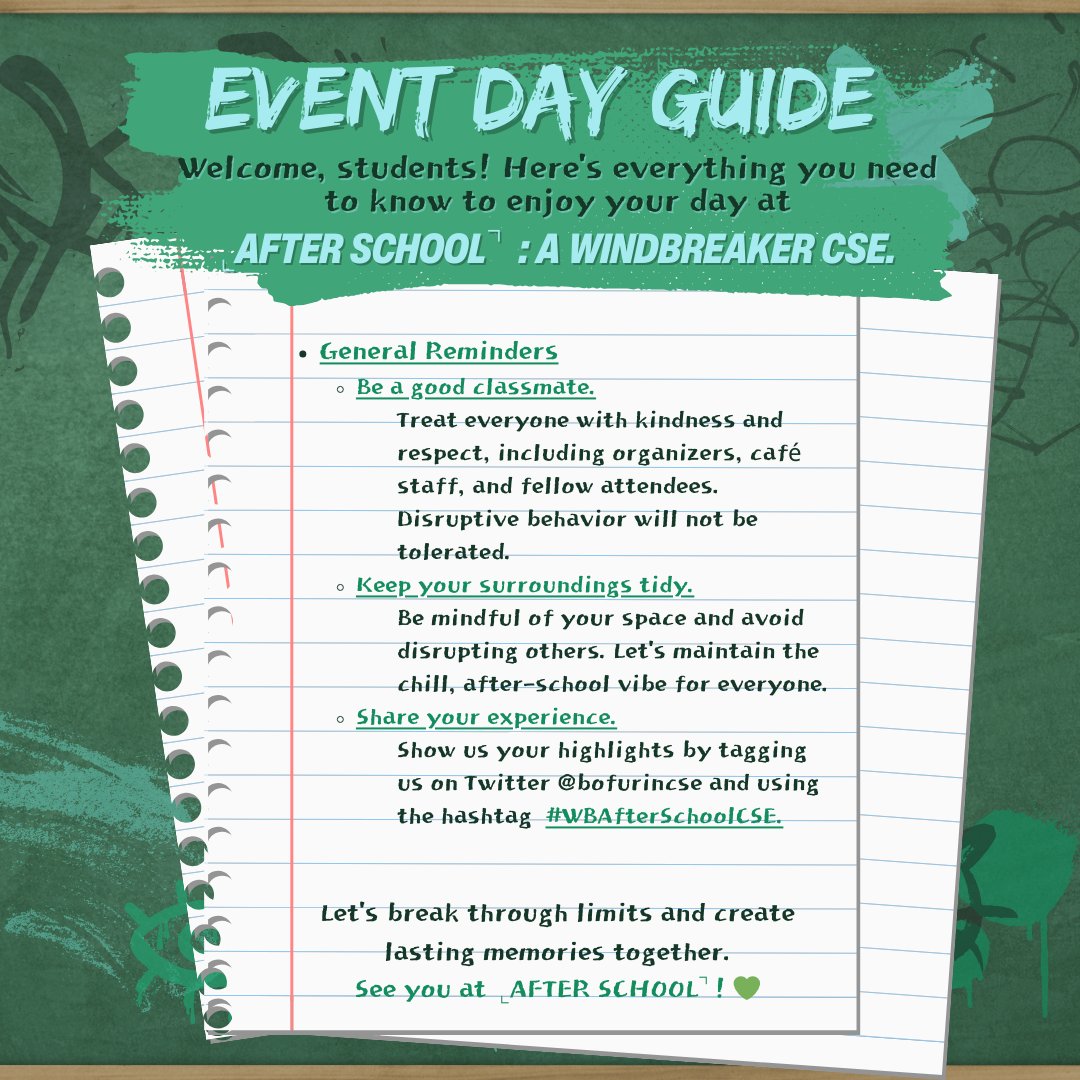 bofurincse's tweet photo. 📜 EVENT GUIDELINES 📜

Bofurins! Hit up the Event Guidelines below and prep to dominate on event days—because  ⌞𝗔𝗙𝗧𝗘𝗥 𝗦𝗖𝗛𝗢𝗢𝗟⌝, it's our time to rule. 👑⚡

#WBAfterSchoolCSE🎐 https://t.co/2FhP9Z69id