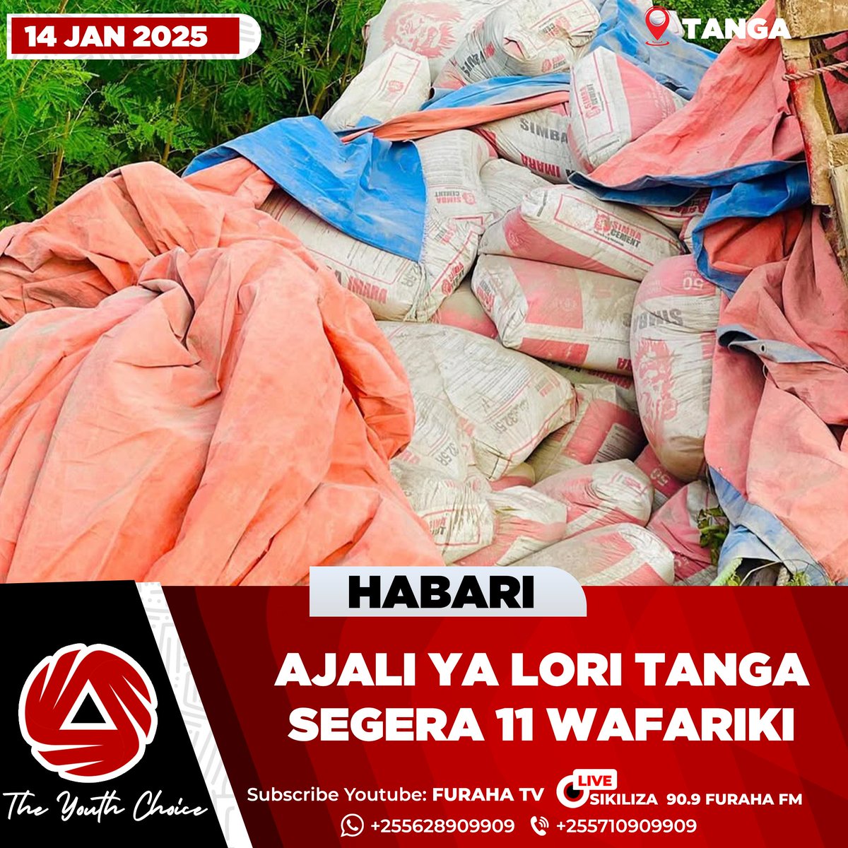FurahaFmtz's tweet photo. Ajali ya lori katika kijiji cha Changombe, kata ya Segera, wilayani Handeni, mkoa wa Tanga, imesababisha vifo vya watu 11 na majeruhi 11 baada ya lori lililokuwa limebeba saruji kufeli breki na kugonga watu waliokuwa wakishuhudia ajali ya gari dogo aina ya Tata. https://t.co/xuXTkle8iH