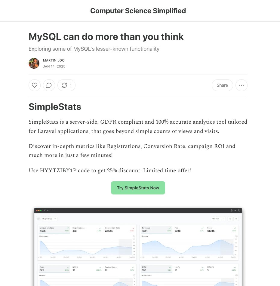 Sairahcaz2k's tweet image. Hey @laravelphp devs 🙋‍♂️

Excited to share that SimpleStats - a lightweight analytics tool for Laravel apps - is featured in @mmartin_joo’s newsletter today! 🚀

Don’t miss out - grab your discount now! 💥