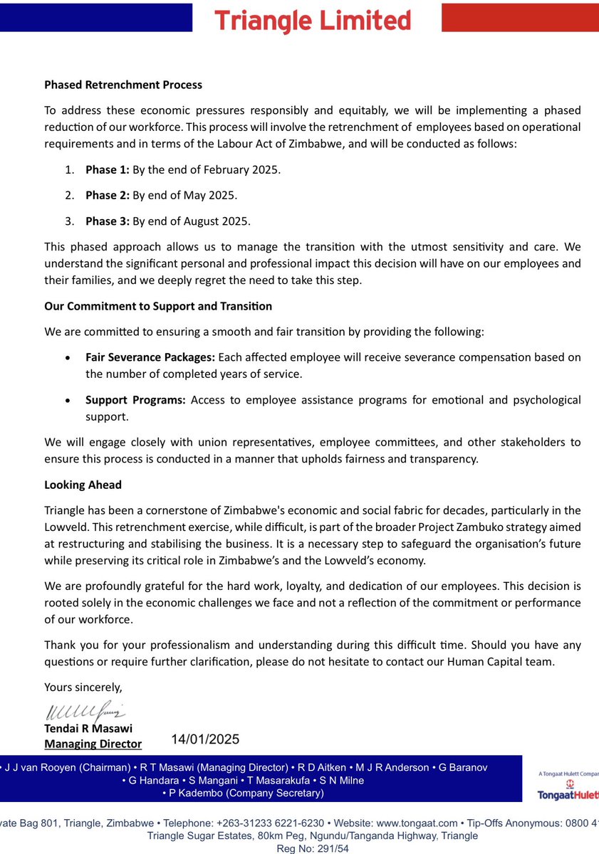 Whilst Emerson is busy with Precabe Circus, the economy is collapsing!  Triangle Limited announces RETRENCHMENTs due to Economic Crisis. Why should Emerson Extend his illegitimate Term?