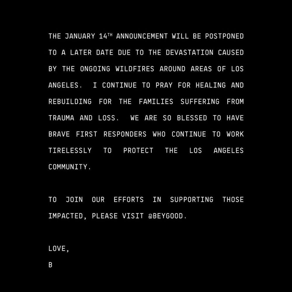 ArenaTouruk's tweet image. .@Beyonce, who was due to make a big announcement on 14 January, is postponing it because of the fires in #LosAngeles ! 

#Beyonce is inviting everyone to visit her #BeyGOOD foundation to help the firefighters and those who have lost everything.