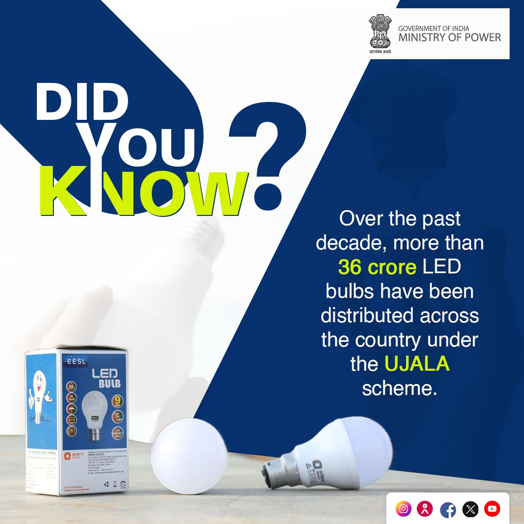 MinOfPower's tweet photo. Over the past decade, more than 36 crore LED bulbs have been distributed across the country, making energy-saving technologies accessible to households while addressing challenges such as high electrification costs and carbon emissions.

#10YearsofUjala https://t.co/Rq0kEnqBW3