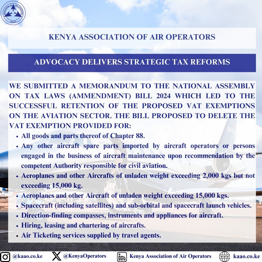 The Association in its advocacy efforts presented the Memorandum on the Proposed Tax Laws (Amendment) Bill 2024 to the Departmental Committee on Finance and National Planning. 

Catch this and more key updates our latest newsletter: lnkd.in/duVuktY5 

#KAAONewsletter