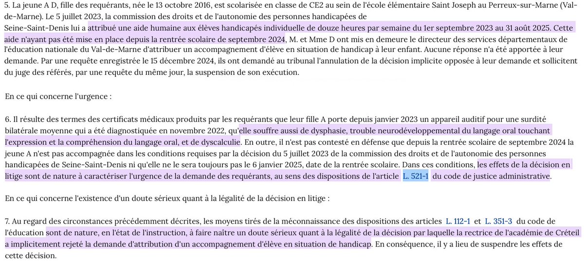 Handicap &amp; scolarité : En référé, le refus de l'<a href="/AcCreteil/">Académie de Créteil</a> d'attribuer une aide humaine (AESH) à une élève de primaire atteinte de plusieurs handicaps est suspendue.

En raison du doute sérieux sur la légalité de ce refus &amp; de l'urgence pour l'élève.

Avec injonction au réexamen.
