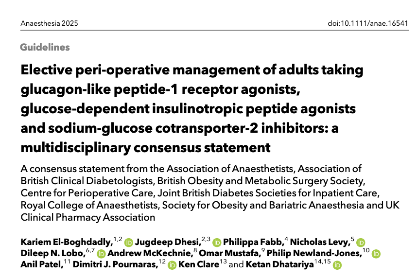 With an explosion of medications like SGLT2i and GLP-1 analogues? 

An excellent piece of work via <a href="/ABCDiab/">ABCD Diabetes</a> <a href="/Assoc_Anaes/">Association of Anaesthetists</a> <a href="/RCoANews/">Royal College of Anaesthetists</a> <a href="/UKCPA/">UKCPA</a> around peri-op management of adults on these meds

Use &amp; cascade please 

cc <a href="/kamleshkhunti/">Prof Kamlesh Khunti</a> <a href="/GoggleDocs/">GoggleDocs</a> <a href="/NeilFlochMD/">Neil Floch MD</a> 

…-publications.onlinelibrary.wiley.com/doi/10.1111/an…