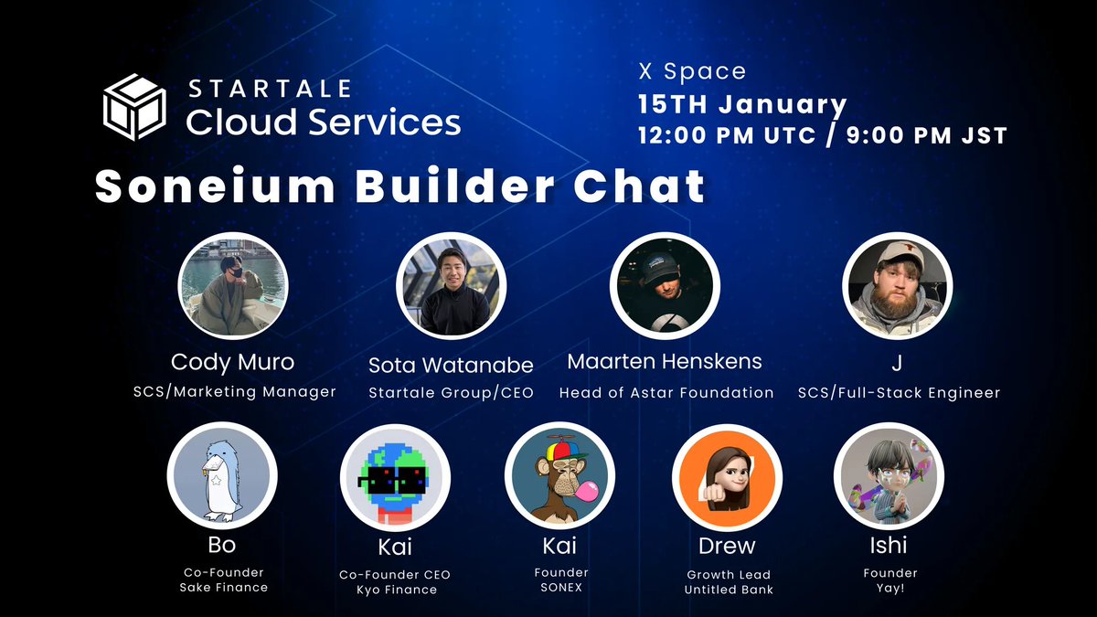StartaleCS's tweet photo. 🗓️Mark your calendar builders!

Tomorrow at 12PM UTC, 9PM JST, we'll host @Soneium Builder Chat!

With speakers coming from Startale Group, Astar, Sake Finance, Kyo Finance, Untitled Bank, SONEX and Yay!, we'll celebrate the beginning of our journey to the Mainstream.

Speakers:
@WatanabeSota CEO of @StartaleGroup 
@henskensm Head of @AstarNetwork 
@therealgjg Engineering Lead at @StartaleCS 
@DimSumTrader from @sakefinance 
@kaifomo from @kyofinance 
@untitled_drew from @BankUntitled 
@0xkmh_D from @OopsItsSONEX 
@takachan114 from @Yay_Global 

Moderator:
@codymuro3 from @StartaleGroup Marketing

Make sure to set reminder👇
https://t.co/RkqDLZs1k5