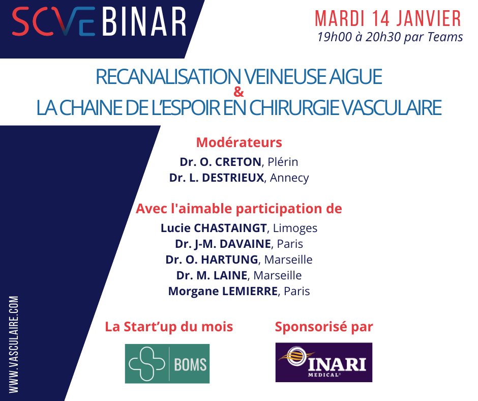 SCVE_fr's tweet image. Ce soir ! SCVEbinar#1 de 2025 !
Via Teams de 19h00 à 20h30
Pour bien commencer l'année, deux sujets : "La recanalisation aigue & la Chaine de l'Espoir en chirurgie vasculaire".
Une start'up mise à l'honneur par webinar !
Lien de connexion : lnkd.in/dtCxnw6W
📷