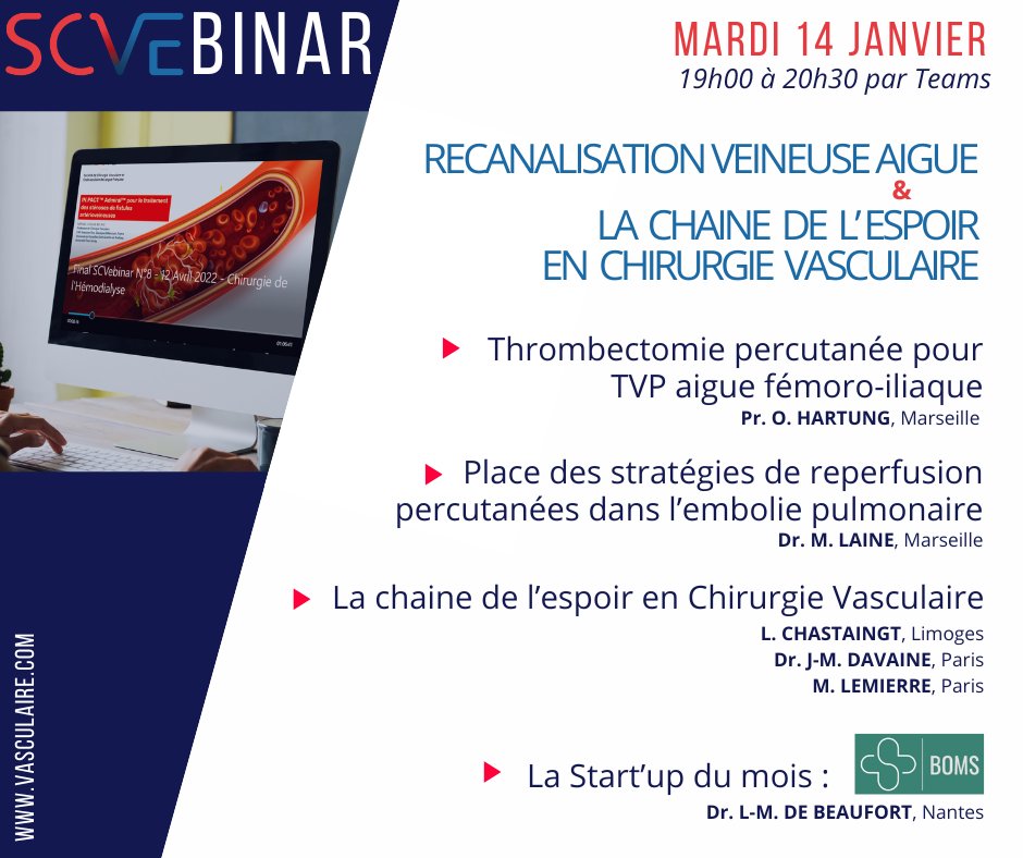 SCVE_fr's tweet image. Ce soir ! SCVEbinar#1 de 2025 !
Via Teams de 19h00 à 20h30
Pour bien commencer l'année, deux sujets : "La recanalisation aigue & la Chaine de l'Espoir en chirurgie vasculaire".
Une start'up mise à l'honneur par webinar !
Lien de connexion : lnkd.in/dtCxnw6W
📷