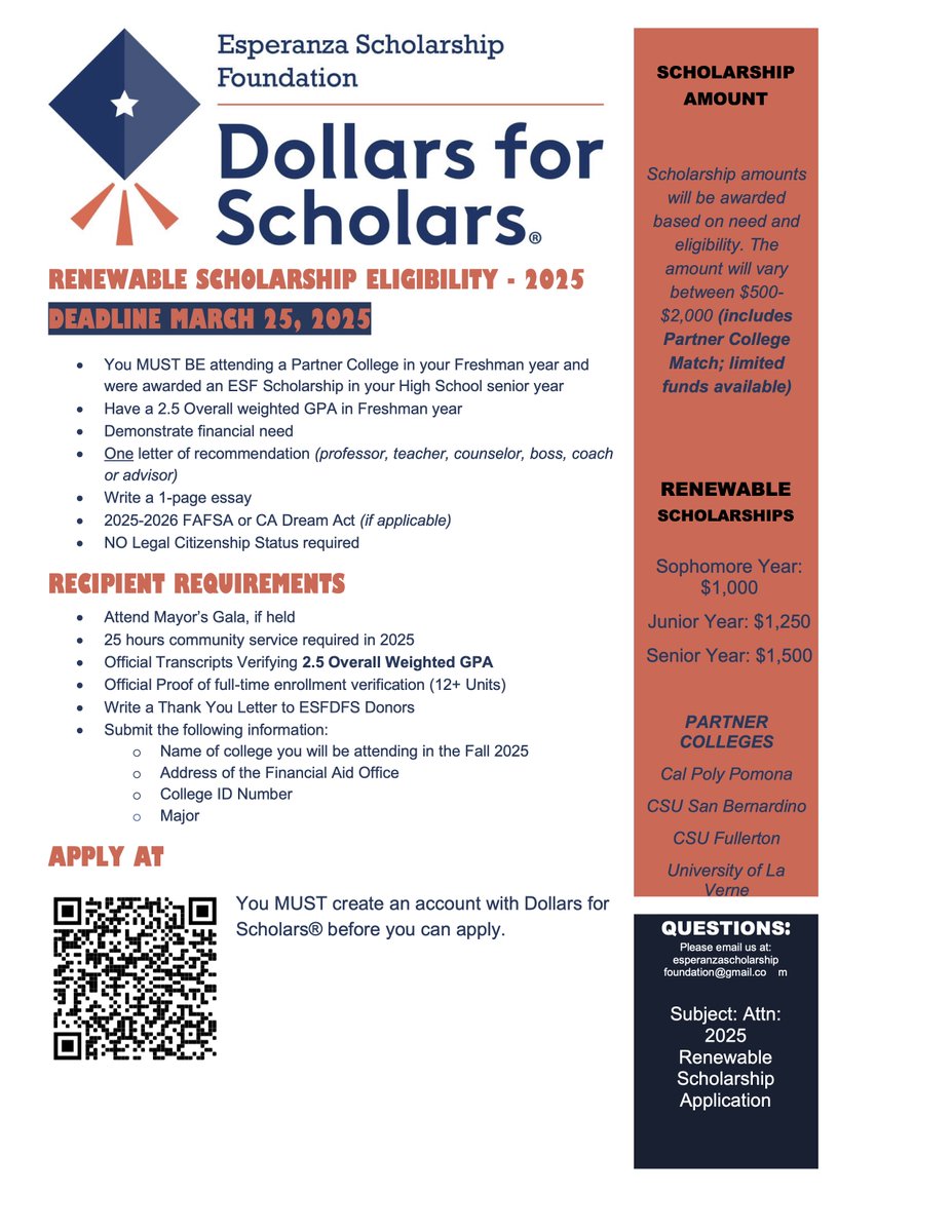 EsperanzaDFS's tweet photo. Attention:
The ESFDFS Renewable Scholarship application is now open!
Must be Freshman attending an ESFDFS Partner College and a past ESFDFS High School Scholarship Recipient. See details and requirements below. Good Luck! https://t.co/Bbha8hGLE5