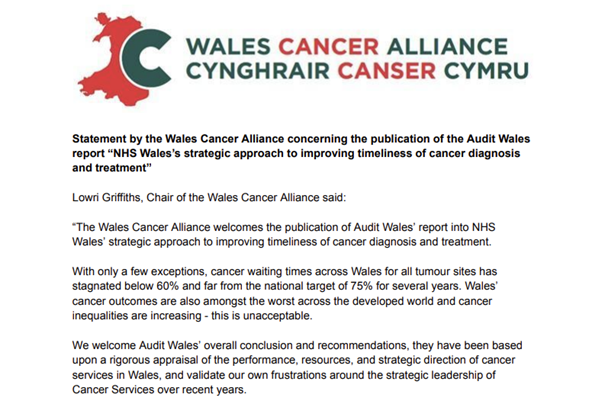 Wales Cancer Alliance (@walescancer) on Twitter photo Today <a href="/WalesAudit/">Audit Wales / Archwilio Cymru</a> has published its report into cancer services in Wales.
Our Chair, <a href="/lowriellisgriff/">lowri griffiths</a> has made a statement on behalf of the Wales Cancer Alliance.
The full statement is here
walescanceralliance.org/wp-content/upl… Today <a href="/WalesAudit/">Audit Wales / Archwilio Cymru</a> has published its report into cancer services in Wales.
Our Chair, <a href="/lowriellisgriff/">lowri griffiths</a> has made a statement on behalf of the Wales Cancer Alliance.
The full statement is here
walescanceralliance.org/wp-content/upl…