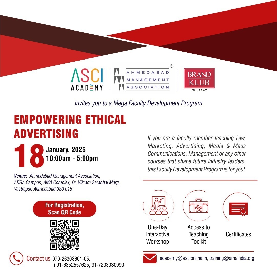 Register Now: amaindia.org/ama-events-pro…

Empowering educators to shape ethical leaders of tomorrow! Join us to "Empowering Ethical Advertising", a Mega Faculty Development Program. Participants will gain access to a comprehensive teaching toolkit. 

#ama #amaindia #faculty