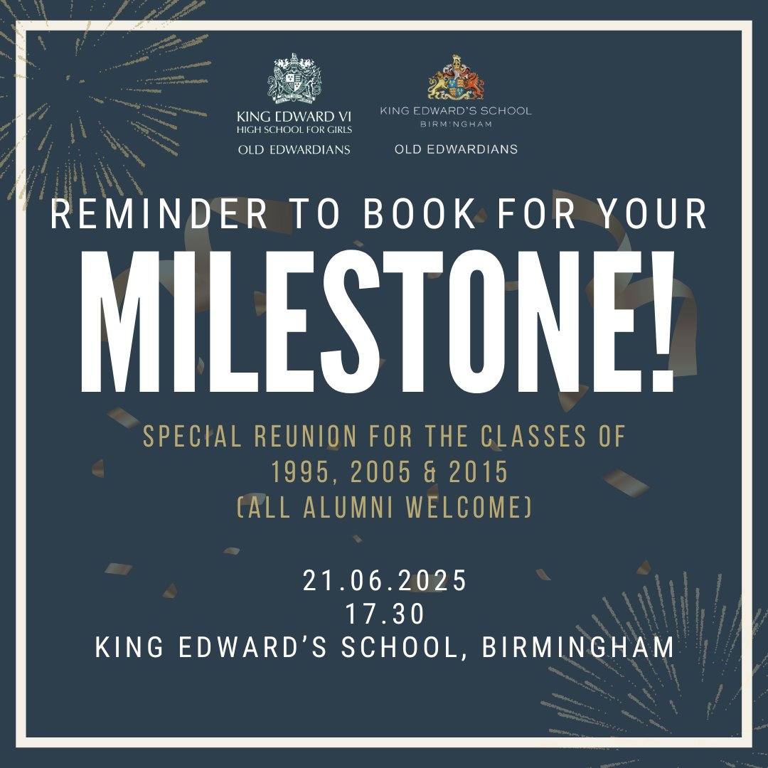 Do not forget to book for the Milestones Reunion in June!

Not one of the below year groups? Then do not worry! You are more than welcome to attend, the more the merrier 🥳

Click below to find out more &amp; book your place 👇
oldeds.kes.org.uk/events/milesto…
