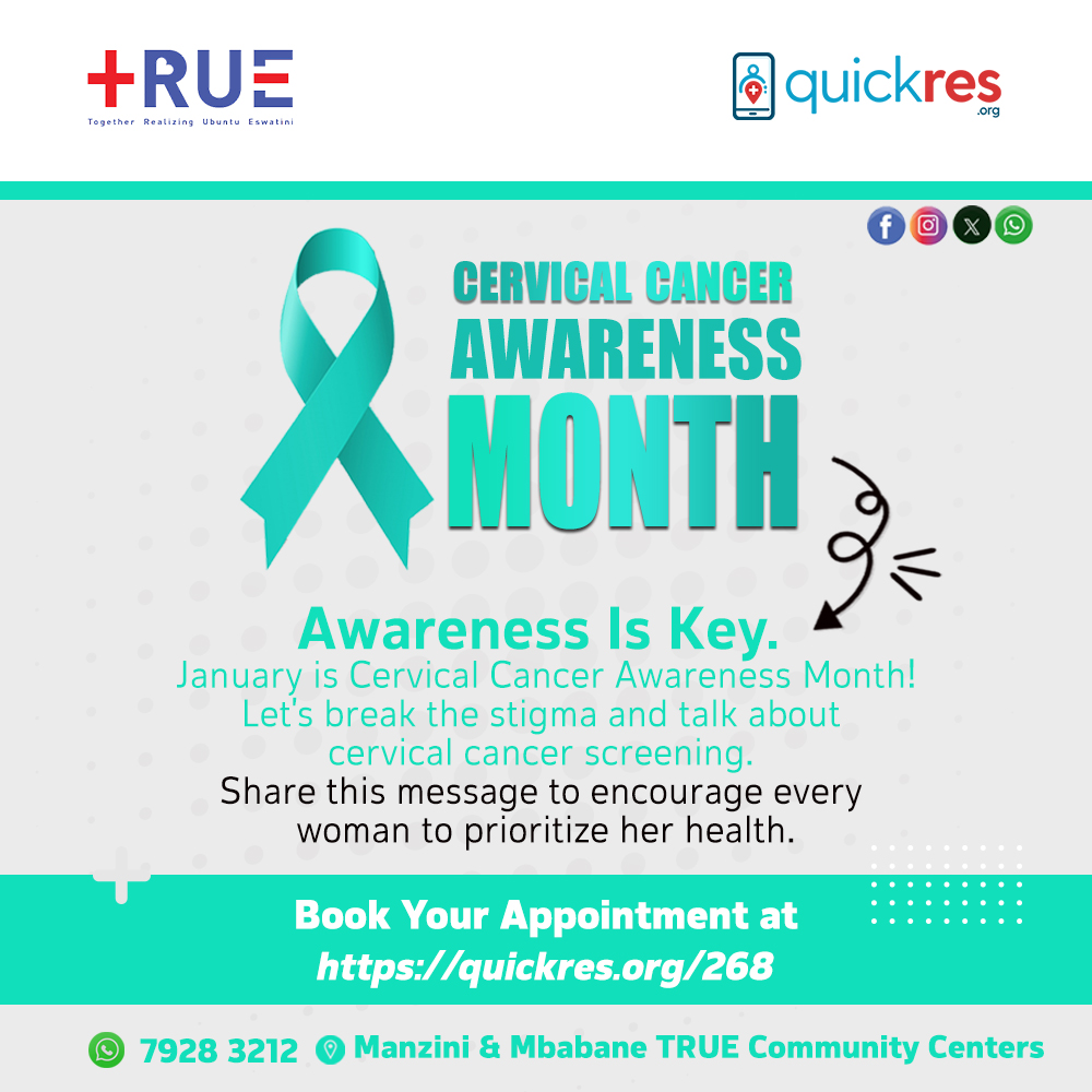 EswatiniTrue's tweet photo. 🌸 It’s Cervical Cancer Awareness Month! 🌸  Regular cervical cancer screenings are the best way to prevent and detect it early when it’s most treatable.Schedule your screening today! Call 79283212 to book your appointment. @fhi360 #CervicalCancerAwarenessMonth https://t.co/Y5qjDpyTVR