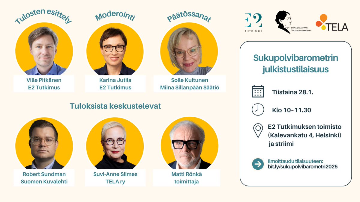 Mitä suomalaiset ajattelevat sukupolvien yhteistyöstä, ikääntymisestä ja hoivavastuusta?

Tule kuuntelemaan uunituoreen Sukupolvibarometrin tuloksia 28.1. klo 10–11.30!

💬Tuloksista keskustelevat <a href="/RobertSundman/">robert sundman</a> (<a href="/SuomenKuvalehti/">Suomen Kuvalehti</a>), <a href="/SuviAnneSiimes/">Suvi-Anne Siimes</a> (<a href="/Tela_ry/">Tela ry</a>) ja <a href="/MattiRnk/">Matti Rönkä</a>.