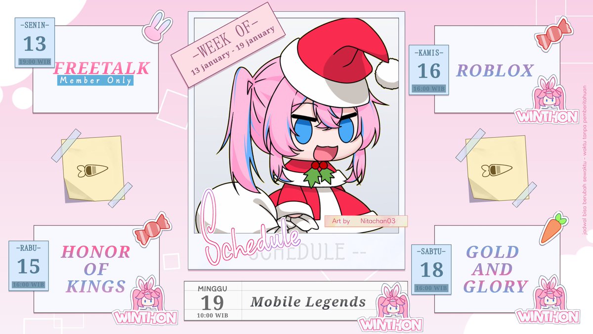 Winnieandreena's tweet photo. ⌜ Winnie Weekly Schedule ⌟
14  s/d 19 Januari 2024

Asset by @nitachan03 [IG]
Art by @nitachan03

----------------------------------

⌜HASTAG⌟

#WinnieAndreena ⌜General⌟
#ReShow ⌜Live⌟
#Winners ⌜Fanname⌟
#FiguReena ⌜Fanarts⌟
#JoKelinci ⌜Memes⌟
#ClipAn ⌜Clips⌟ https://t.co/XtpnMfDzNj