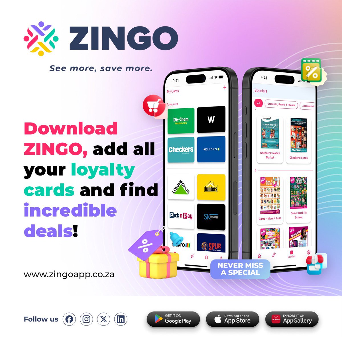ZINGO_za's tweet photo. 💸 Save more with ZINGO! Store all your loyalty cards in one app and discover the best deals from your favourite stores. Never miss a special again! 🛍️ 

Download ZINGO today and shop smart. 🌟

 #ZINGO #SeeMoreSaveMore https://t.co/Aa88apZ9qu