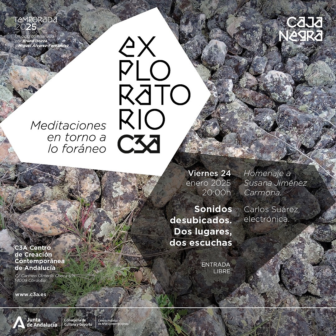 C3A_Andalucia's tweet photo. #Exploratorio. El viernes 24 ENE, 20h, continuamos nuestro ciclo ‘Meditaciones en torno a lo foráneo’ con el 1º concierto de 2025: ‘Sonidos desubicados. Dos lugares, dos escuchas. Homenaje a Susana Jiménez Carmona’. Entrada libre hasta completar aforo.
🔗 https://t.co/suXTj2JwOU https://t.co/Mcf7kK2A15