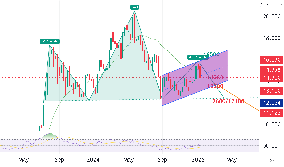 ravi4ray's tweet photo. #Turmeric #Haldi on weekly chart crucial support - 13700/12400/600 any bounce back is limted at towards 16500 
Trading range Jan'25-Mar25 12600-16500.
 H&amp;S pattern formation is in final stage if it is true than turmeric can fall below its cost of production. mind it https://t.co/0AlDH6jVqh