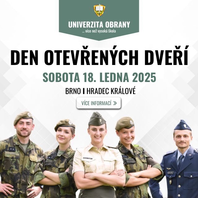 🗓️ Zveme Vás na Den otevřených dveří! Přijďte nás navštívit 18. 1. 2025 do Brna a Hradce Králové. 
Získejte informace o studiu 🪖, užijte si doprovodný program a vyzkoušejte letošní novinku - airsoftovou střelnici. 
<a href="/ArmadaCR/">Armáda ČR</a> <a href="/ObranaTweetuje/">Ministerstvo obrany</a>