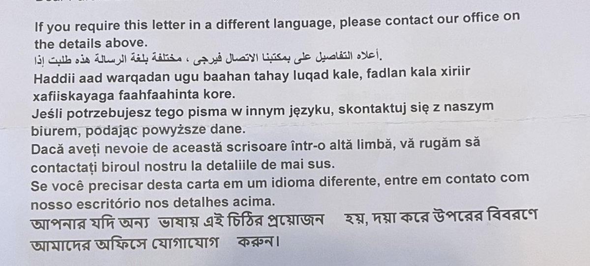 RupertLowe10's tweet photo. Why is the NHS sending out communication with this leading the letter?

Obvious exceptions aside, if you're living in England, accessing English public services - you should speak English.

Funding this foreign translation is NOT the taxpayer's problem. It should be scrapped. https://t.co/A84LzUVAnT